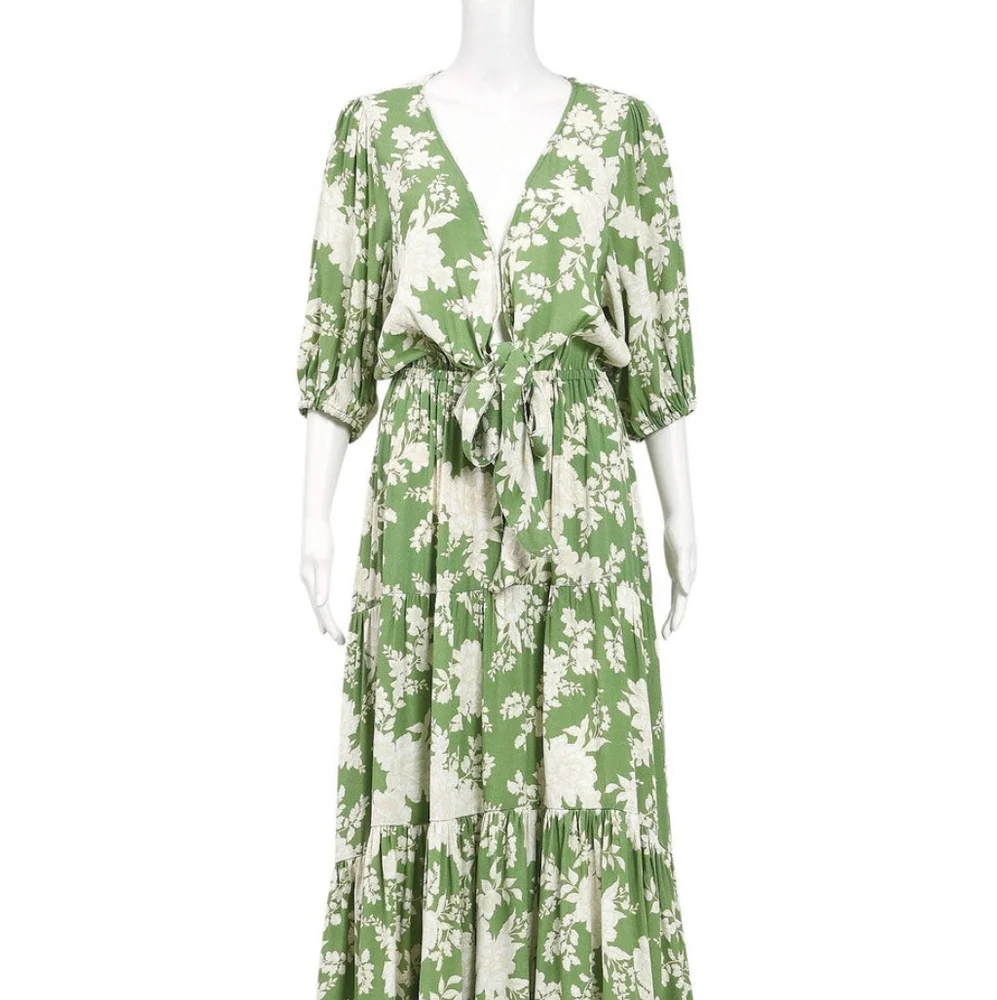 KIVARI Yara Floral Apple Green Tie Front Maxi Dress NWT - Picture 15 of 16
